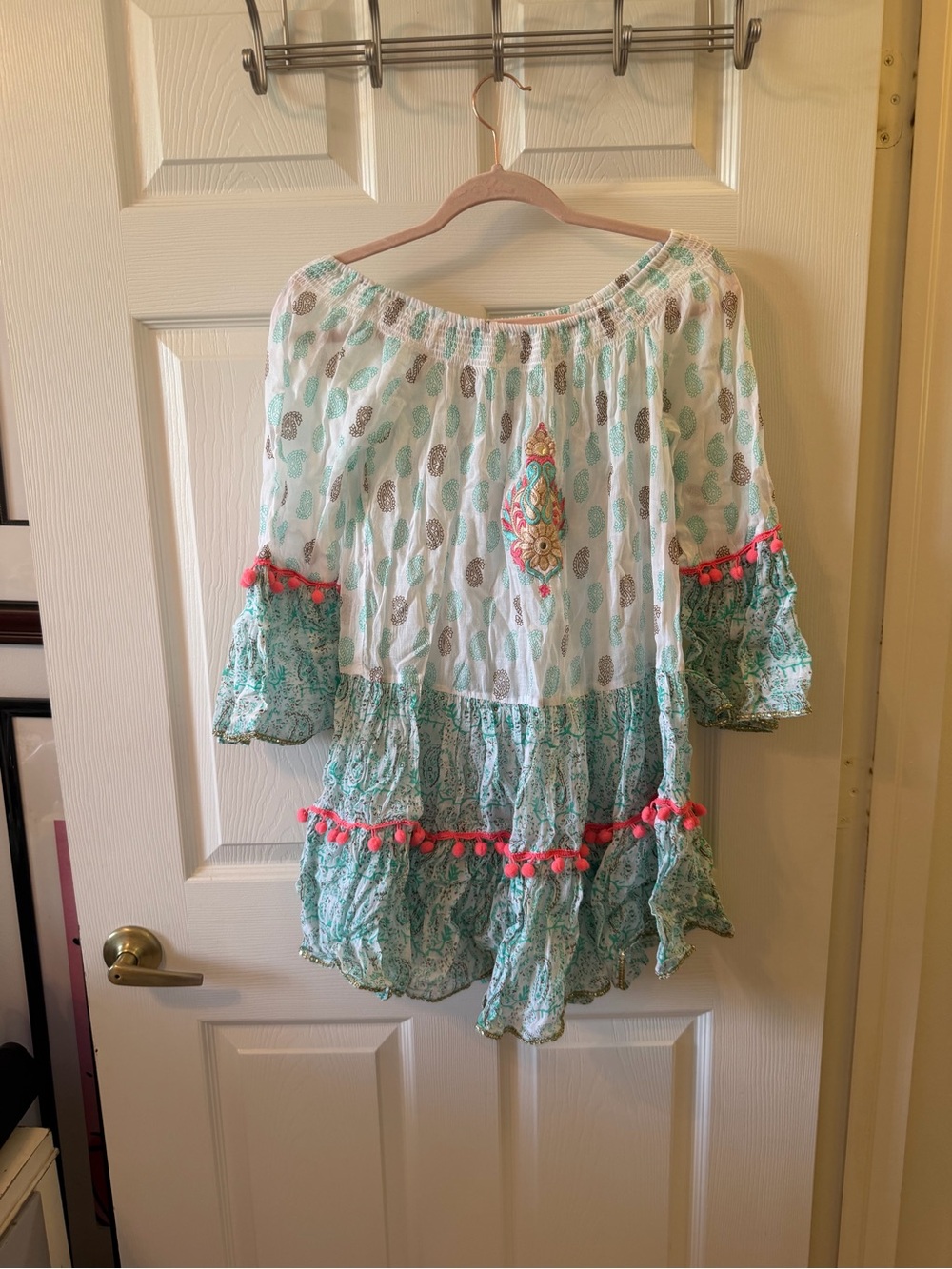 Boho Tiered Mini Dress in White and Aqua with Pink Pom Trim